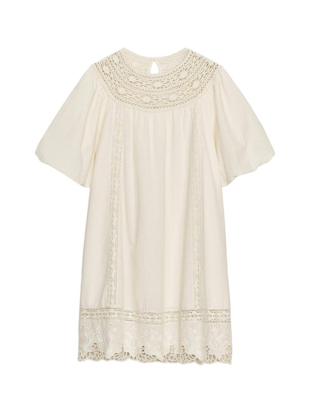 ZARA | COTTON LINEN BLEND EMBROIDERED PUFF SLEEVE DRESS DOEN STYLE